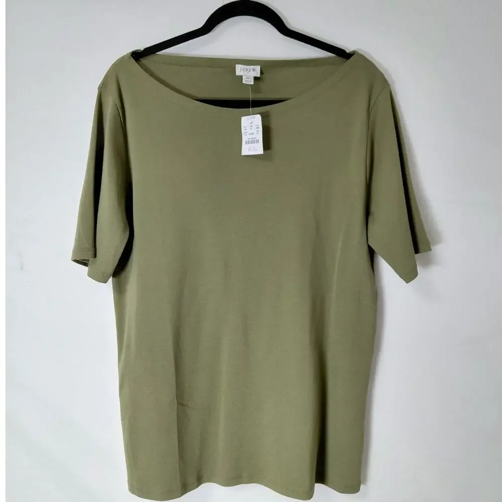 NWT J.Crew Cotton Top Green Solid Knit Short Sleeve Women Size XL